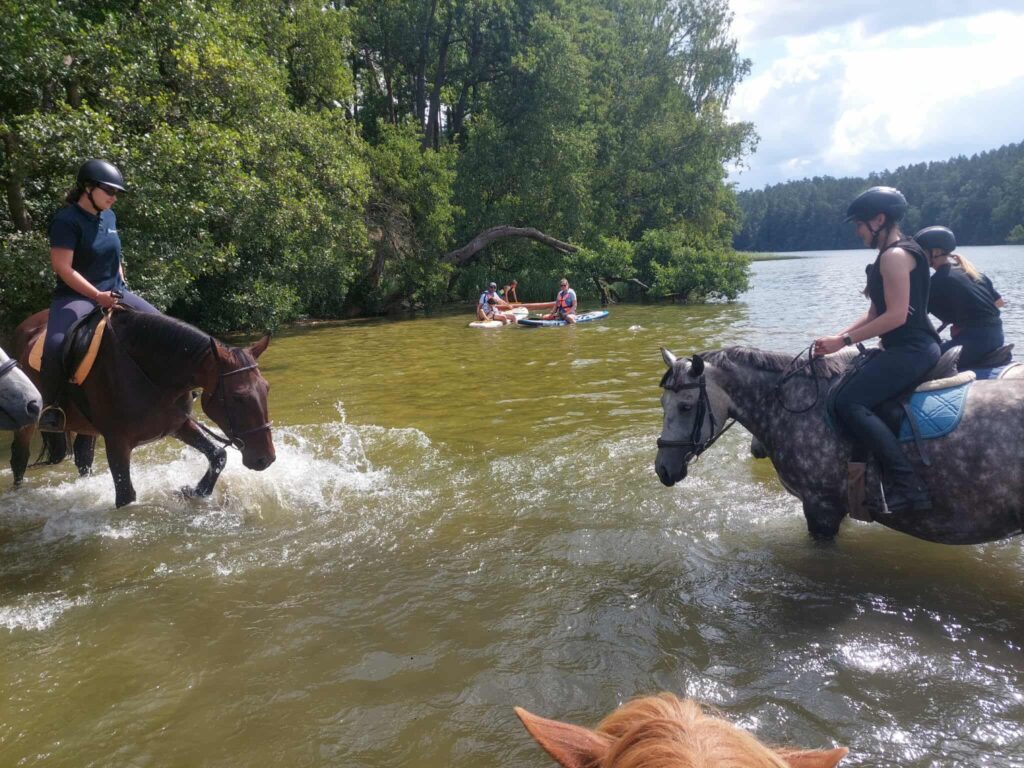 W malowniczym otoczeniu jeziora otoczonego gęstym lasem, grupa osób oddaje się aktywnościom na świeżym powietrzu. Na pierwszym planie widać trzy konie z jeźdźcami, którzy brodzą przez płytką wodę przy brzegu. Jeźdźcy mają na sobie kaski i wygodne stroje do jazdy konnej. Zdjęcie zostało prawdopodobnie wykonane z perspektywy innego jeźdźca, co nadaje mu osobisty charakter. W tle, na tafli jeziora, unoszą się dwie łódki z osobami wiosłującymi, co tworzy ciekawy kontrast między jazdą konną a rekreacją wodną. Całość emanuje spokojem, harmonią z naturą i radością z aktywnego wypoczynku.