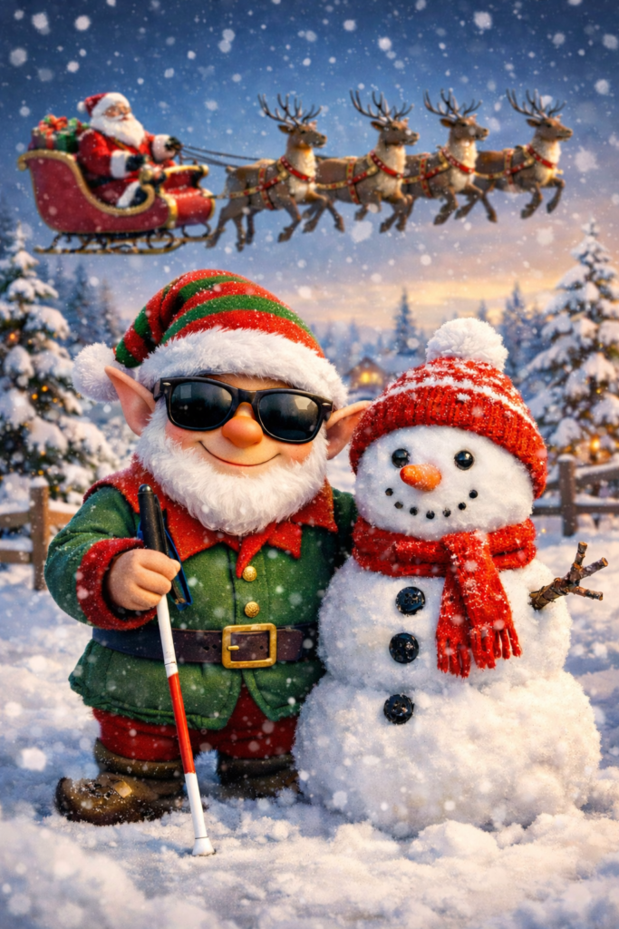 Ilustracja zimowa: uśmiechnięty skrzat w okularach przeciwsłonecznych i czapce świątecznej stoi obok bałwana. Skrzat trzyma białą laskę z czerwonym oznaczeniem. Bałwan ma czerwony szalik i czapkę. W tle, na ośnieżonym niebie, Mikołaj leci saniami zaprzężonymi w renifery, a wokół pada śnieg.