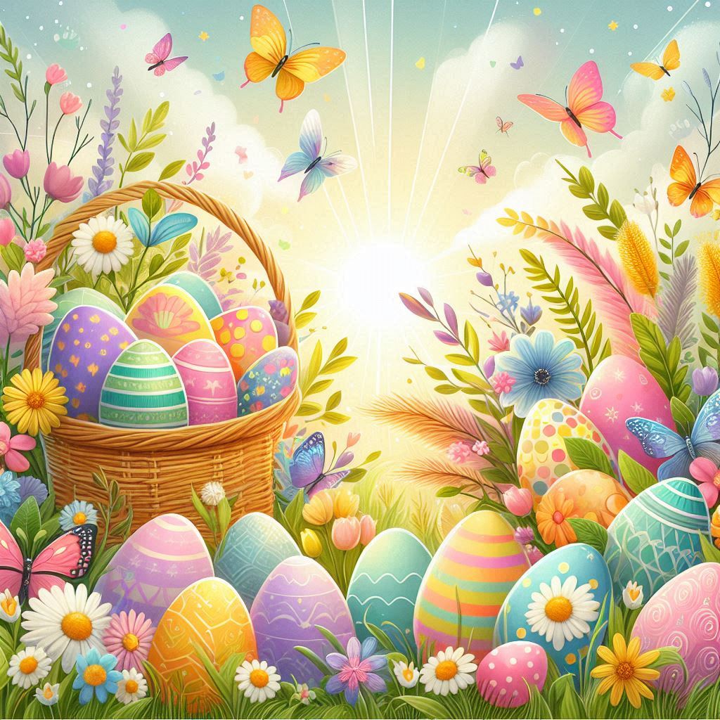 Na ilustracji znajduje się wiklinowy koszyk stojący na trawie, wypełniony wieloma kolorowymi pisankami. Jajka mają pastelowe barwy — różowe, żółte, niebieskie, zielone i fioletowe — oraz różne wzory, takie jak paski, kropki i motywy kwiatowe. Wokół koszyka rosną wiosenne kwiaty: stokrotki, tulipany i drobne polne kwiaty w intensywnych kolorach. Nad roślinami unoszą się motyle o żółtych, niebieskich i różowych skrzydłach. Tło jest jasne, z rozproszonym światłem słonecznym i delikatnie rozmytym niebem, co nadaje scenie wiosenny, pogodny charakter.